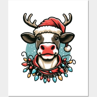 Cow With Santa Hat & Reindeer Antlers Funny Christmas Design Posters and Art